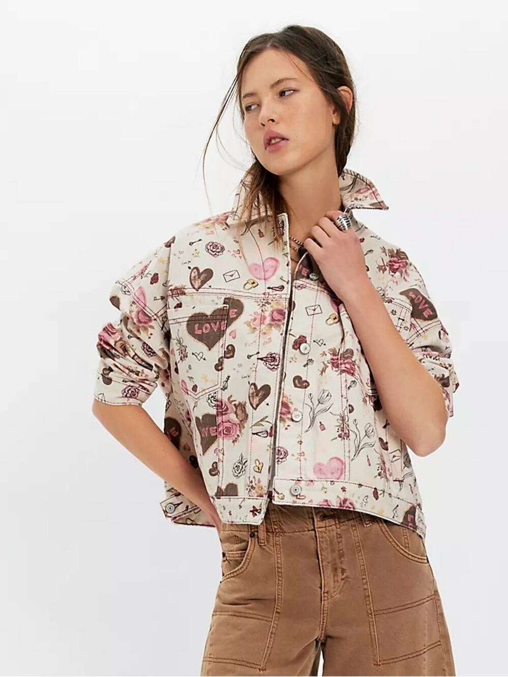 We The Free Opal Hearts Swing Printed Denim Jacket